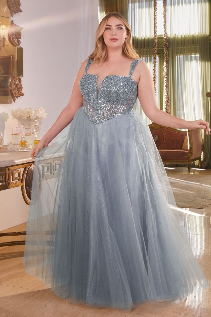 open lace back dress Smoky Blue Embellished Sheer Corset Evening Gown